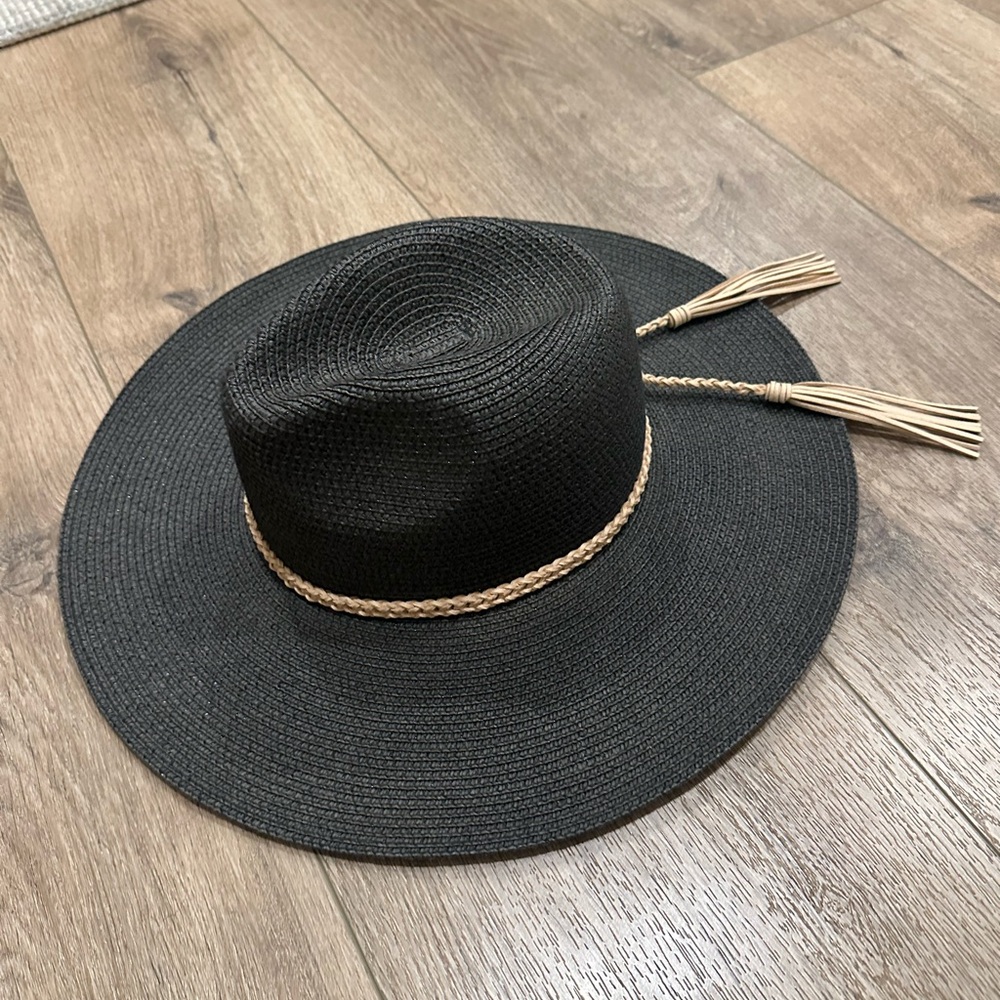 Glitzy Bella Black Wide Brim Hat with Tan Accents